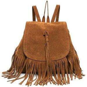 ✨Women Brown Leather Suede Fringed Tassel Backpack Purse Fashion Shoulder Bag